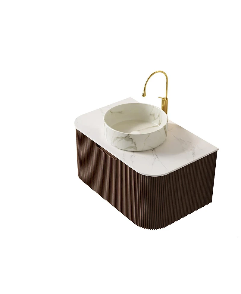 Sillysis Wall Mounted Bathroom Vanity with Sintered Stone Top, Round Ceramic Basin, Stripe Drawer