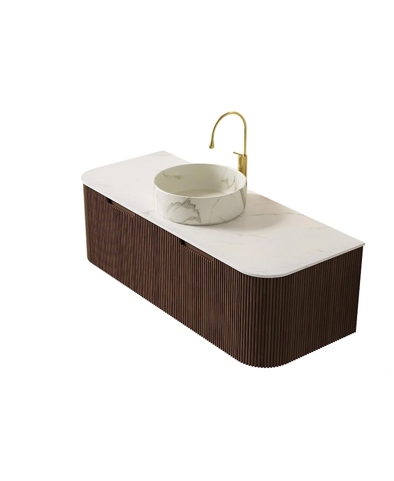 Sillysis Wall Mounted Bathroom Vanity with Sintered Stone Top, Round Ceramic Basin, Stripe Drawer, Pre-assemble