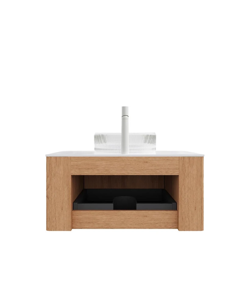 Sillysis Wall Mounted Bathroom Vanity with Crystal Glass Vessel Sink, Soft Close Drawer, Ample Storage