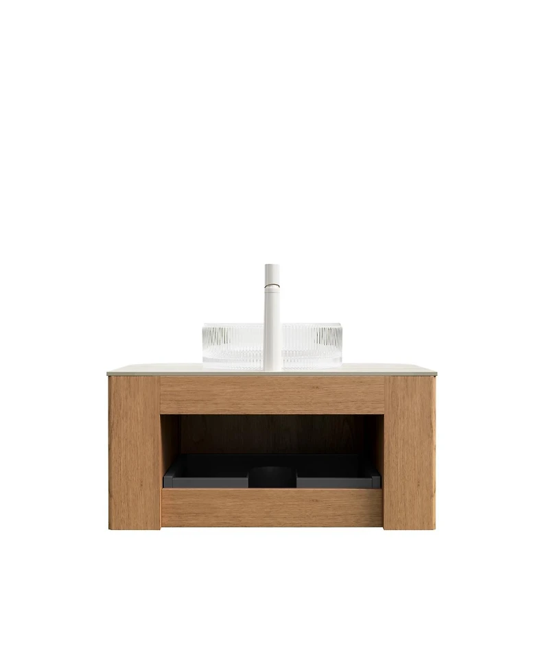 Sillysis Wall Mounted Bathroom Vanity with Crystal Glass Round Sink, Wood Grain Cabinet, Sintered Stone Top