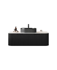 Sillysis Wall Mounted Bathroom Vanity with Sintered Stone Top, Oval Ceramic Sink, Striped Drawer Panel