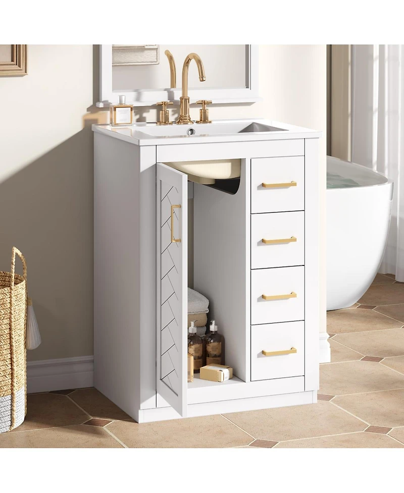 Sillysis 24 Inch Modern Bathroom Vanity with Sink, Solid Wood Mdf Cabinet 3 Soft Close Drawers, Space-Saving Storage
