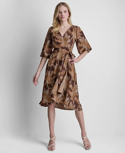 Dkny Women's Balloon-Sleeve Faux Wrap Midi Dress
