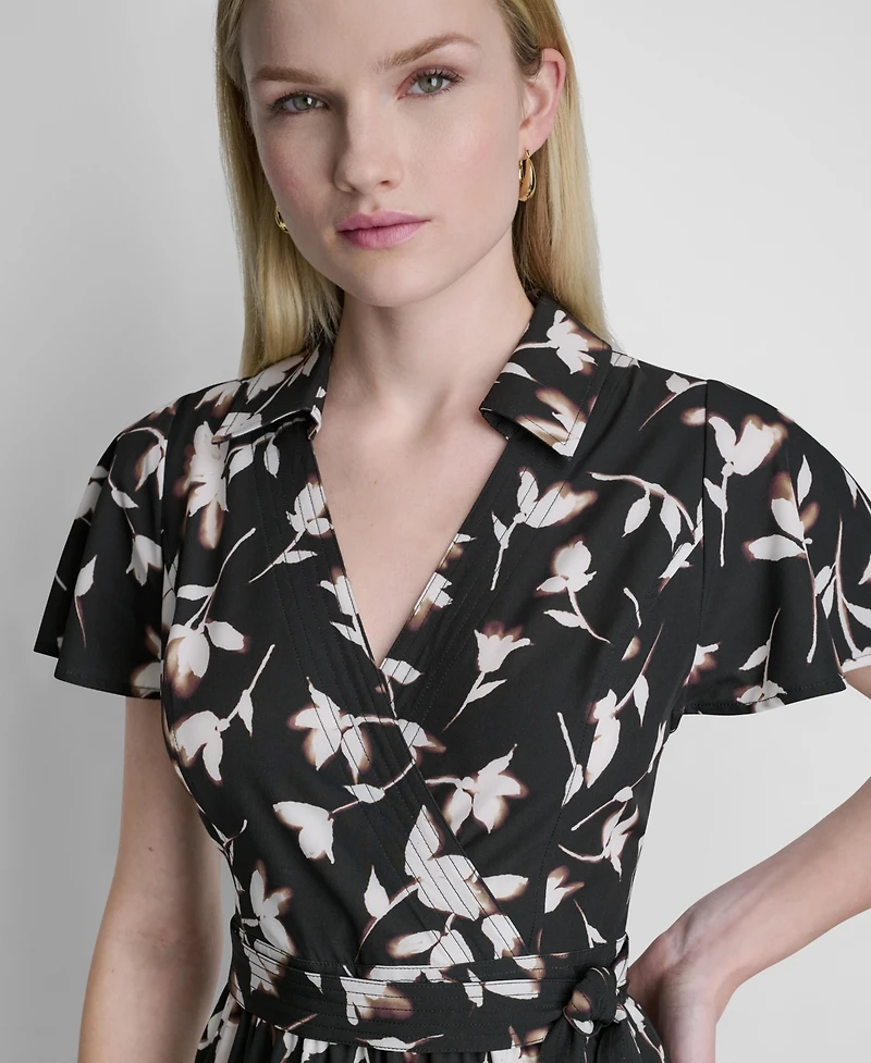 Dkny Women's Flutter-Sleeve Tiered Printed Midi Dress