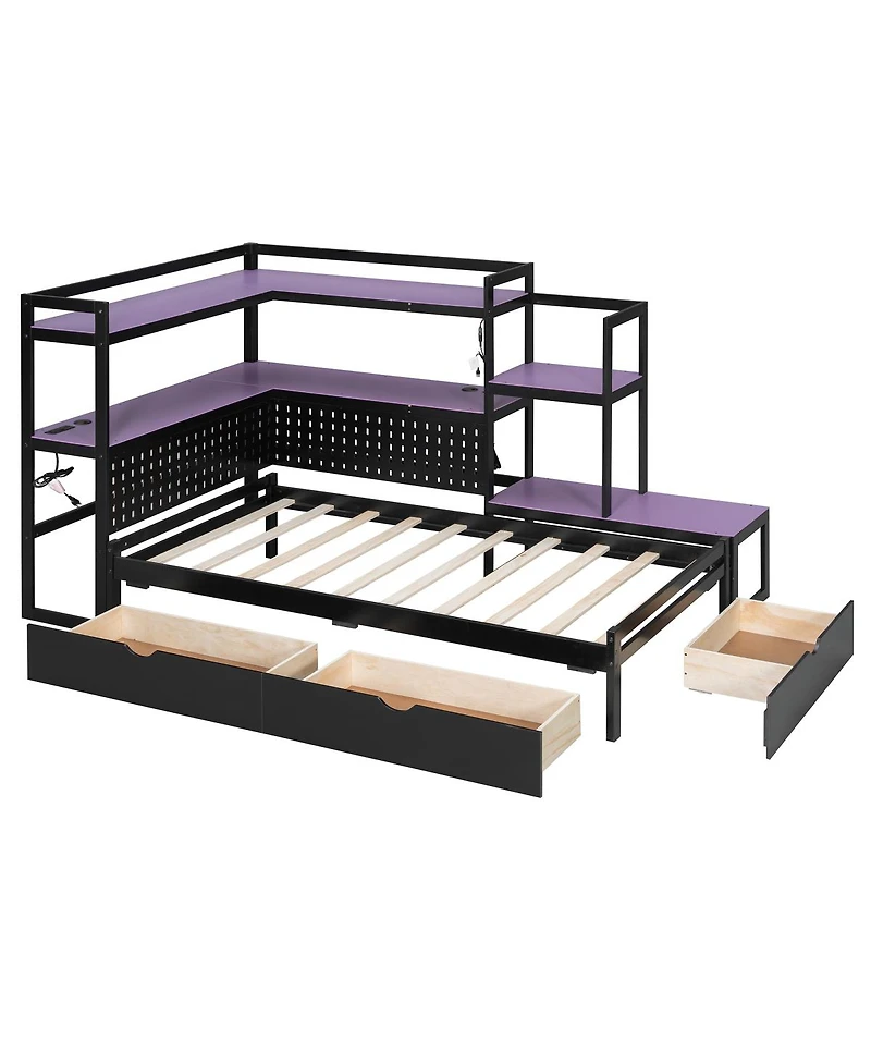 Streamdale Furniture Gaming Daybed with Desk, Led Lights, Storage Drawers and Charging Station