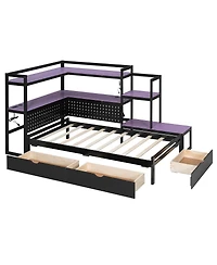 Streamdale Furniture Gaming Daybed with Desk, Led Lights, Storage Drawers and Charging Station