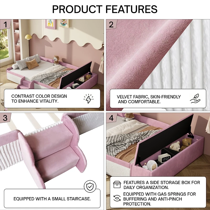 Streamdale Furniture Velvet Daybed with Stairs, Gas Lift Storage, and Padded Guardrails