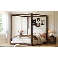 Streamdale Furniture Queen Canopy Platform Bed with Upholstered Headboard, Espresso/White