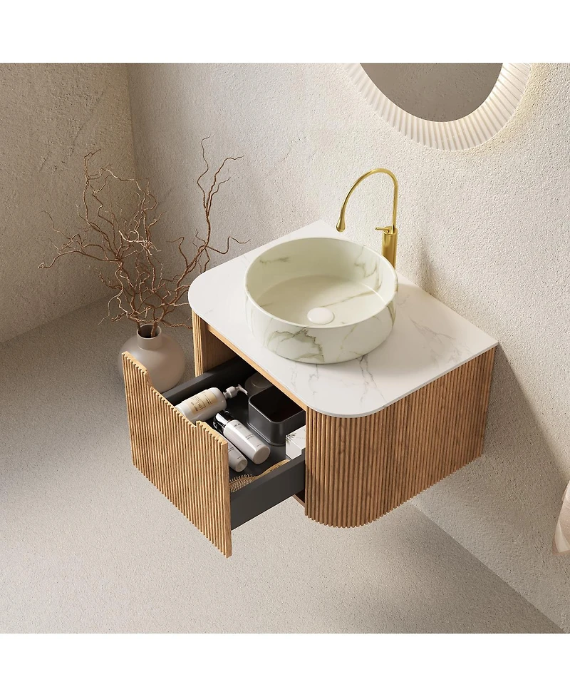 Sillysis Wall Mounted Bathroom Vanity with Sintered Stone Top, Round Ceramic Basin, Soft Close Drawer, Pre-assembled