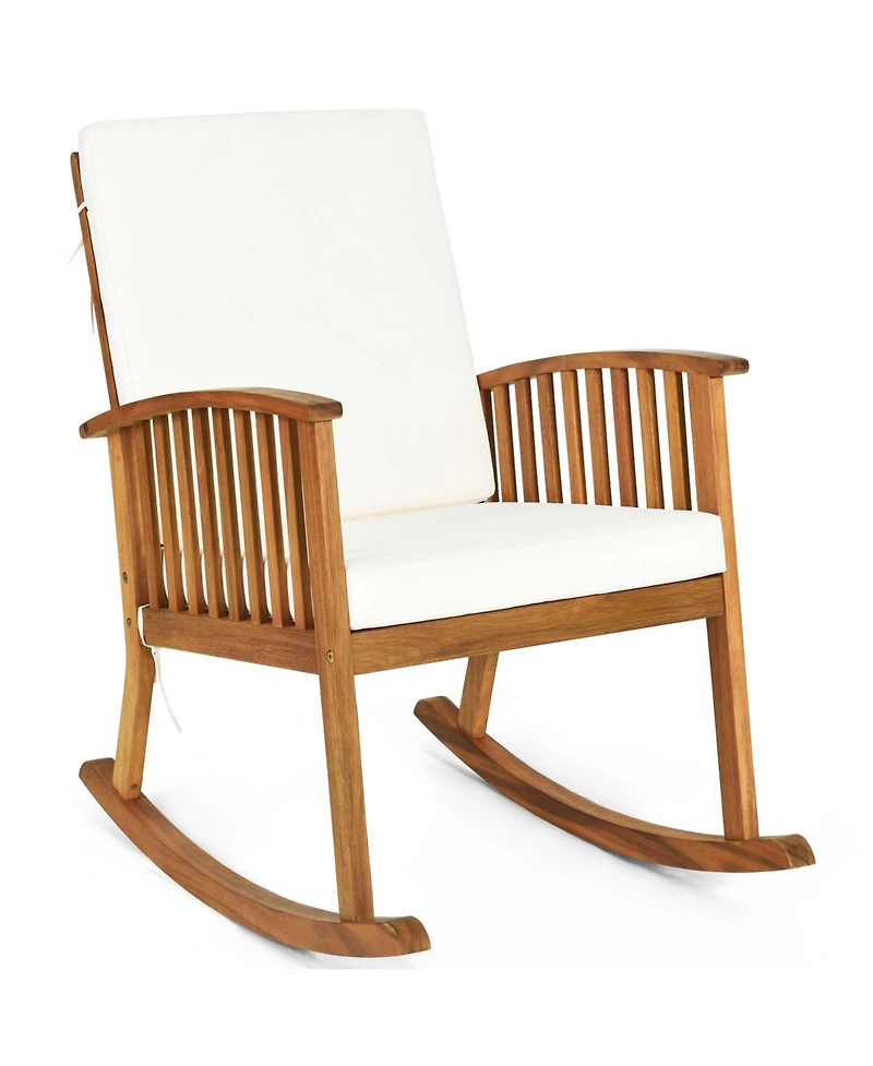 Gymax 3 Pieces Acacia Wood Rocking Bistro Set w/ Coffee Table and Cushions for Lawn