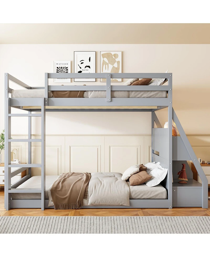 Streamdale Furniture Full Bunk Bed with Led Lights, Usb Ports, Storage Shelves and 2 Drawers