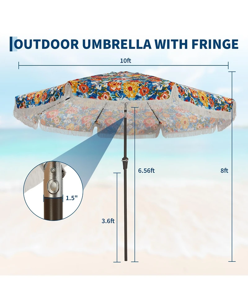 gaomon Patio Outdoor Table Umbrella with Retro Fringe with Crank Handle for Backyard, Pool, Camping, Flower Pattern