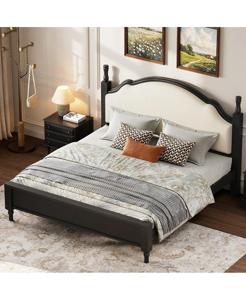 Streamdale Furniture King Size Wood Platform Bed with Upholstered Headboard, Frame plus Fabric