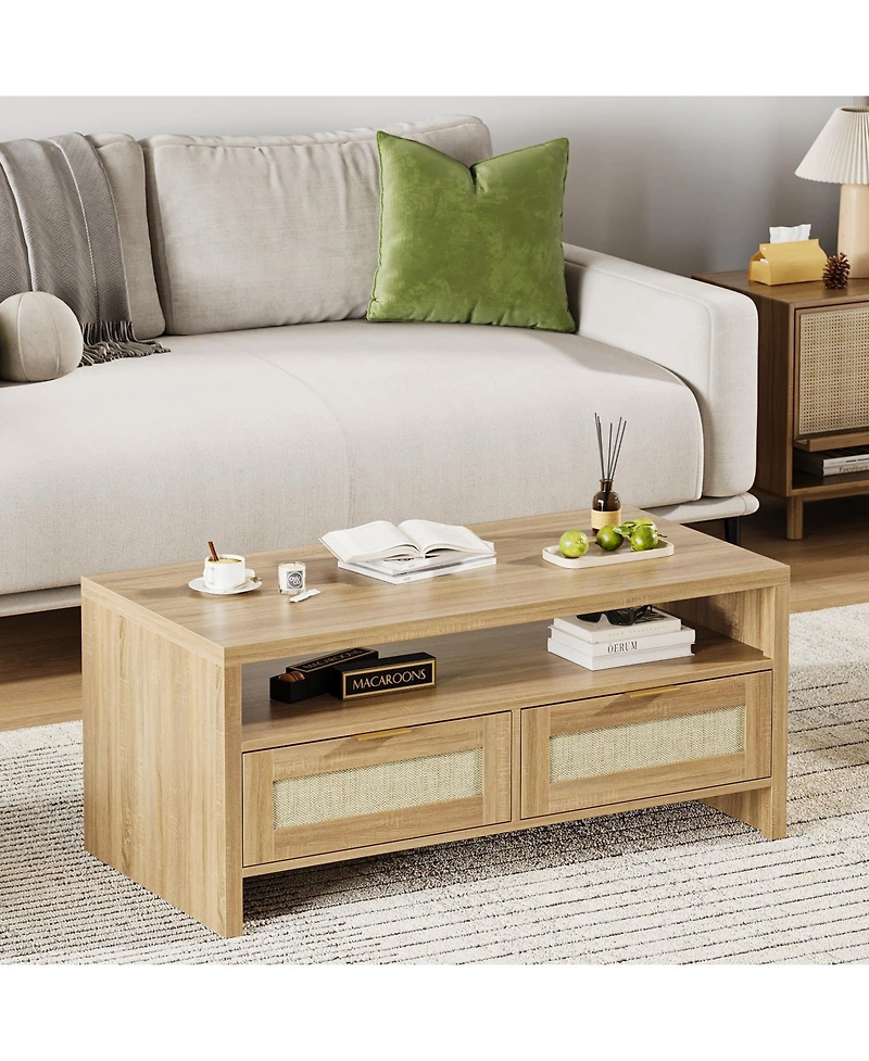 gaomon Boho Rattan Coffee Table - Modern Rectangular Oak Center Table - Wide, 2 Drawers, Open Shelf, Metal Handles - Living Room, Apartment