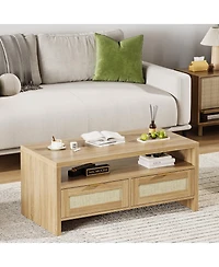 gaomon Boho Rattan Coffee Table - Modern Rectangular Oak Center Table - Wide, 2 Drawers, Open Shelf, Metal Handles - Living Room, Apartment