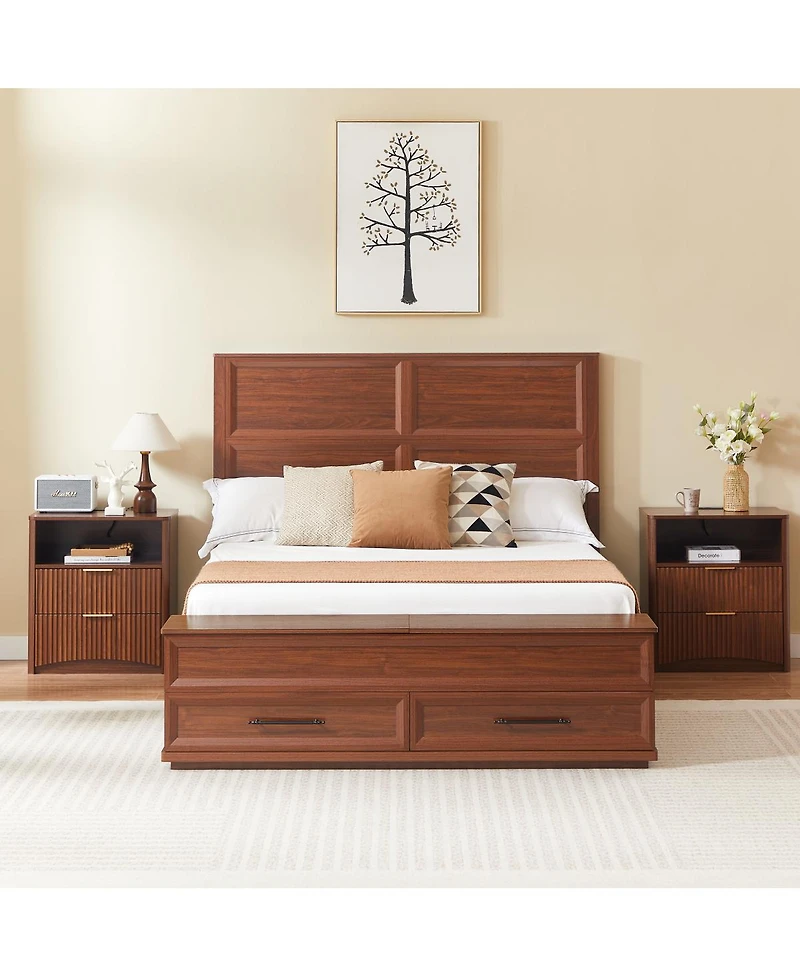 Streamdale Furniture Queen Bed with 3D Geometric Headboard, Storage Bench and 4 Drawers