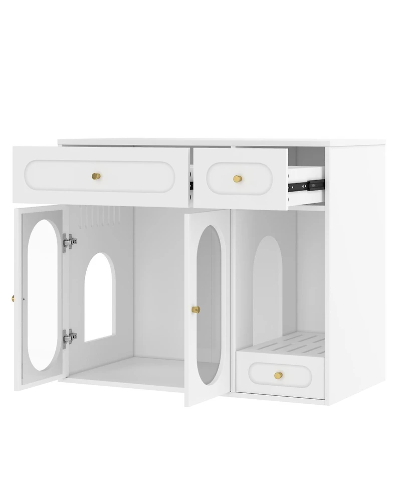 Streamdale Furniture Cat Litter Box Enclosure With Led Light, Storage Drawers, And Acrylic Doors