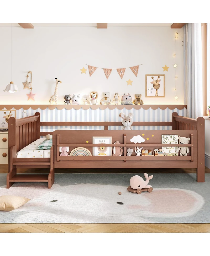 Streamdale Furniture Queen Size Solid Wood Floor Bed with Storage Bookcases and Stairs