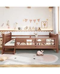 Streamdale Furniture Queen Size Solid Wood Floor Bed with Storage Bookcases and Stairs