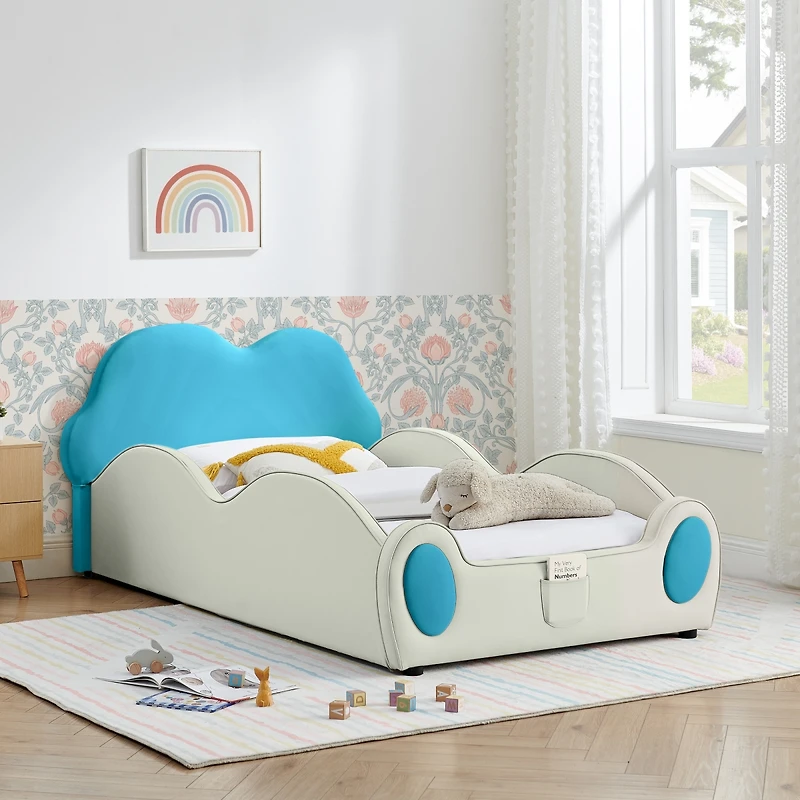 Streamdale Furniture Twin Size Cloud-Shaped Pu Leather Toddler Bed with Guardrails and Storage