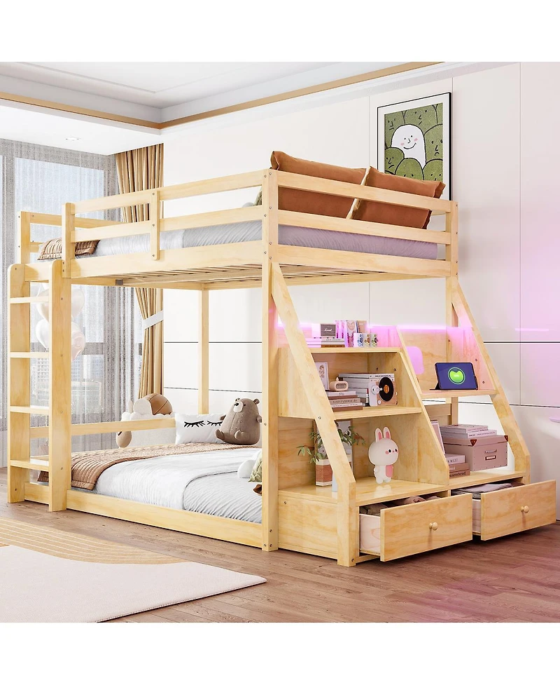 Streamdale Furniture Full Bunk Bed with Led Lights, Usb Ports, Storage Shelves and 2 Drawers