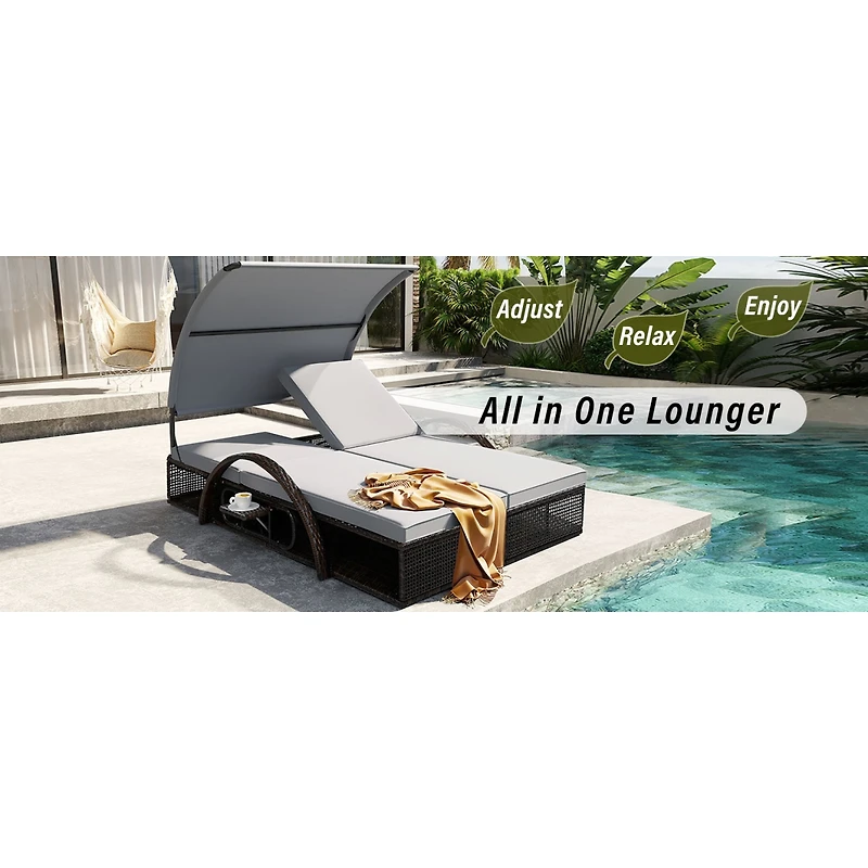 Streamdale Furniture Steel Frame Double Sun Lounger with Adjustable Backrest and Side Table