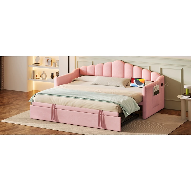 Streamdale Furniture Upholstered Twin Daybed with Pop-Up Trundle, Usb Charging and Side Pockets