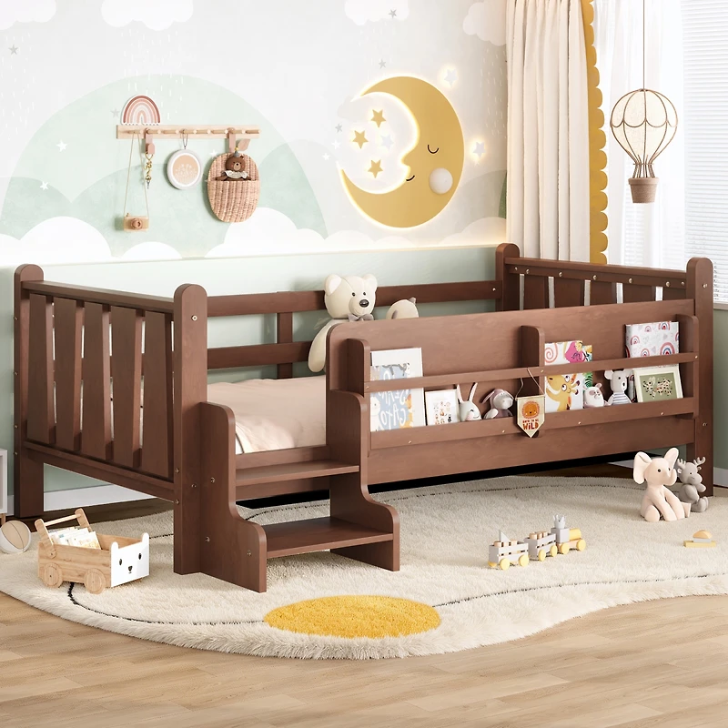 Streamdale Furniture Twin Size Solid Wood Floor Bed with Storage Bookcases and Stairs