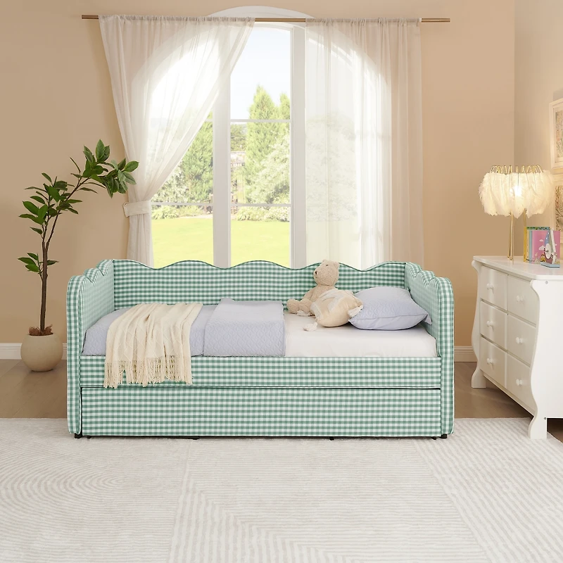 Streamdale Furniture Cozy Gingham Twin Daybed With Trundle, Usb Port, And Wave-Shaped Backrest