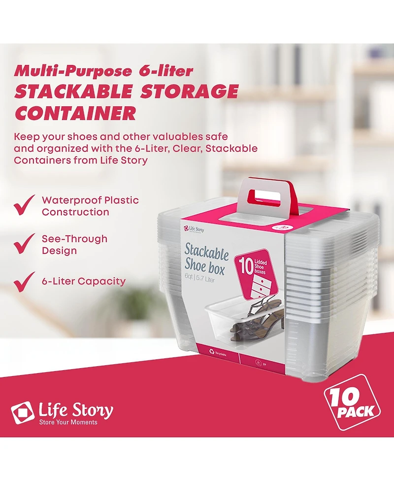 Life Story 6L Shoe and Closet Storage Box Stacking Containers, Clear (10 Pack)