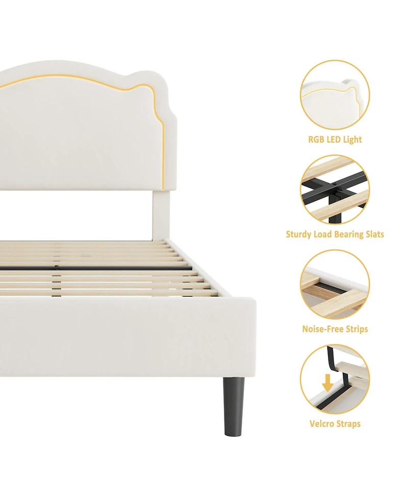 homfan Kids Upholstered Platform Bed with Bear-Shaped Adjustable Headboard and Rgb Led Lights, App/Remote Control, No Box Spring Needed
