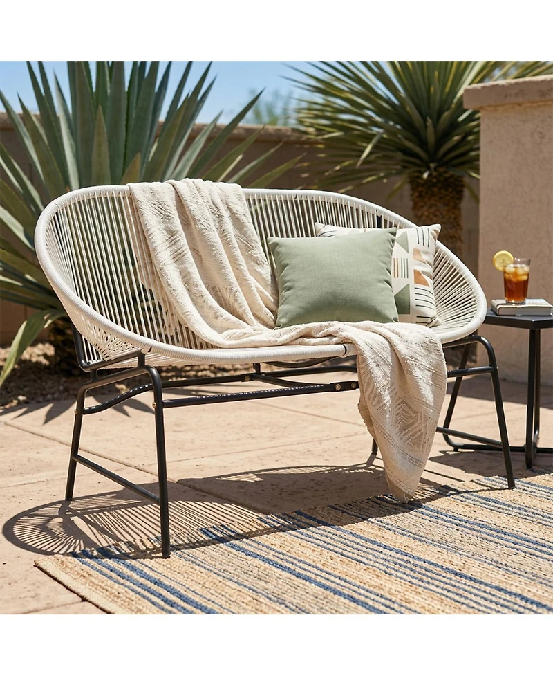 Streamdale Furniture Modern 2-Seater White Pe Rattan Loveseat with Black Iron Frame