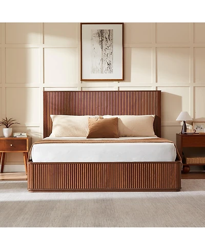 Streamdale Furniture Walnut Wave Pattern Platform Bed Frame With 44-Inch Headboard