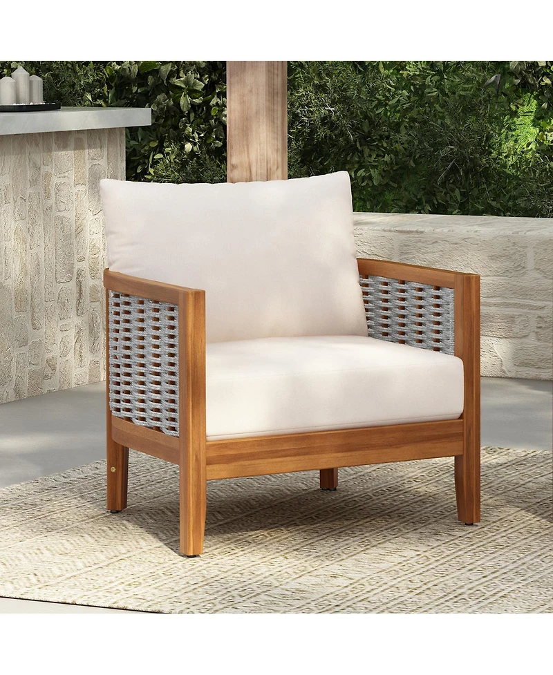 Streamdale Furniture Outdoor Woven Rope Armchair with Acacia Wood Frame and Cushions