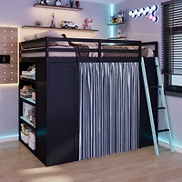 Streamdale Furniture Full Size Wood Loft Bed with Wardrobe, Shelves, Curtains and Lights