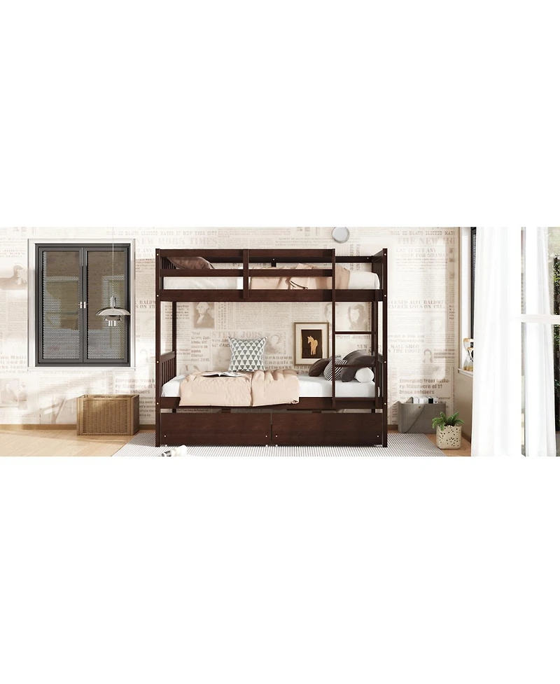 Streamdale Furniture Twin Over Twin Rubber Wood Bunk Bed with 2 Drawers, Convertible to 2 Twin Beds