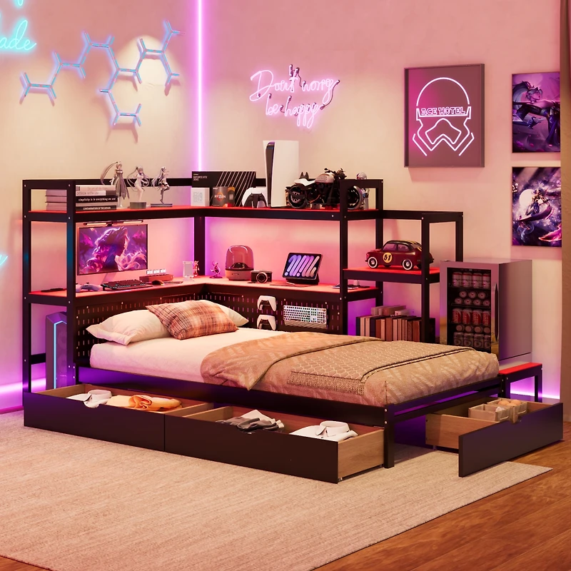 Streamdale Furniture Twin Gaming Daybed with Desk, Led Lights, 3 Drawers and Charging Station