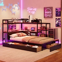 Streamdale Furniture Twin Gaming Daybed with Desk, Led Lights, 3 Drawers and Charging Station