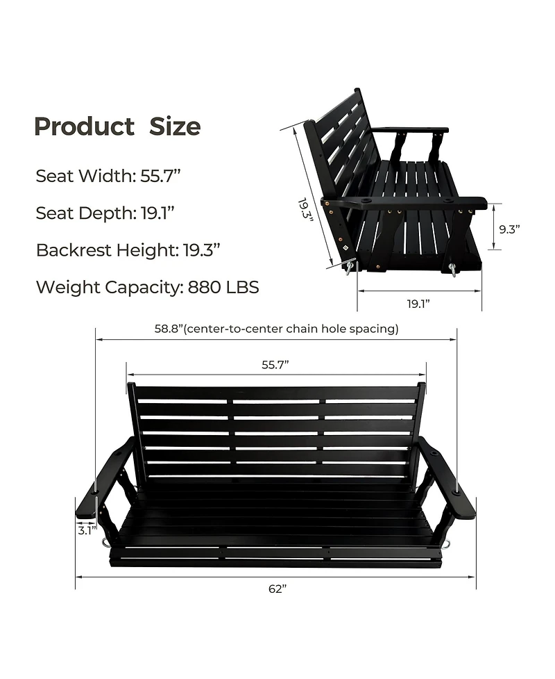 Innovaze 3-Seater Extra Large Wooden Porch Swing, Ergonomic Seat, Bench Swing with Hanging Chains and Springs