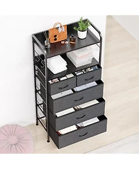homfan Slim Vertical Storage Dresser with Fabric Drawers, Open Shelves and Removable Hooks, Steel Frame and Easy-Clean Top, Anti-Tip Ready