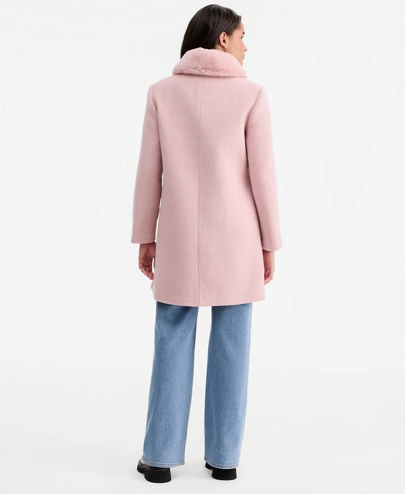 CeCe Women's Faux-Fur Club Collar Mid-Length Lined Coat