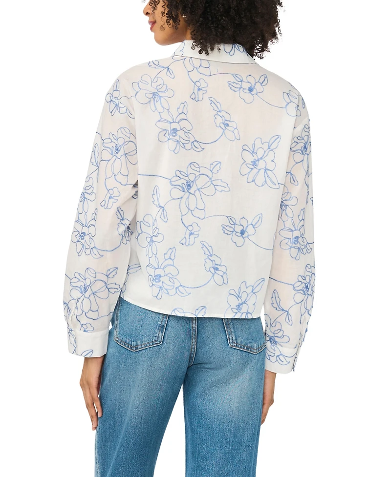 Vince Camuto Women's Cropped Embroidered Button Down Blouse
