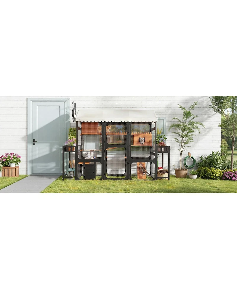 Streamdale Furniture Large Wooden Outdoor Catio with Multi-Level Playpen and Weather-Resistant Roof