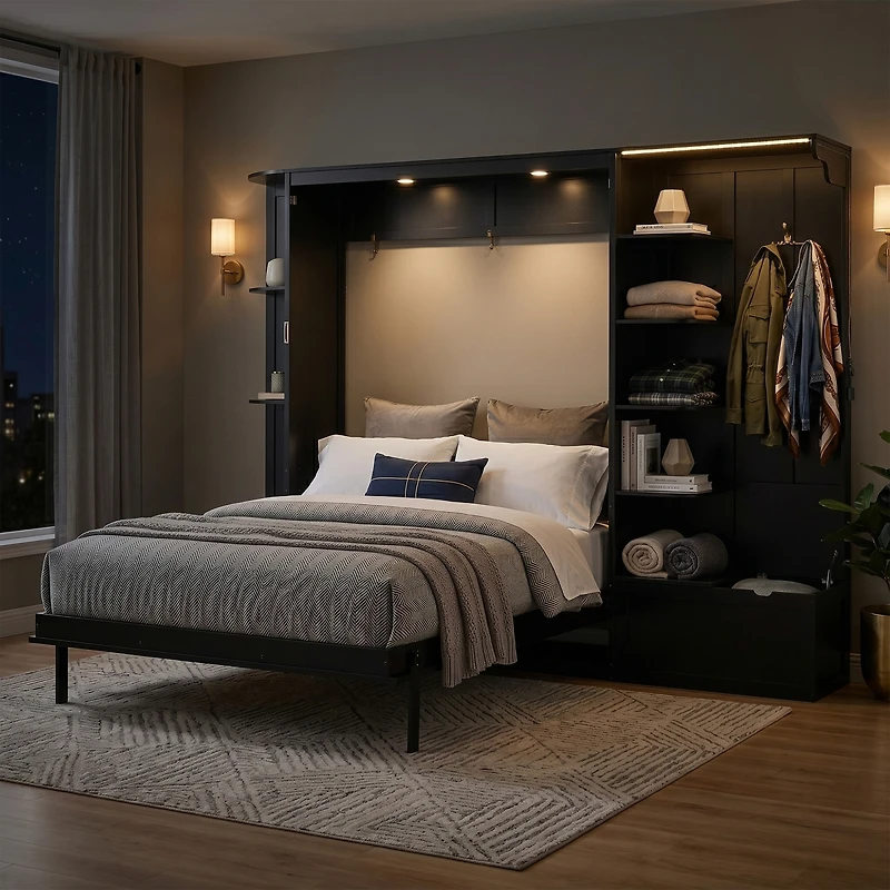 Streamdale Furniture Murphy Bed with Storage, Lights, and Shelves