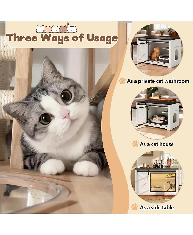 Streamdale Furniture 46" Farmhouse Cat Litter Box Enclosure with Sliding Barn Door and Led Light