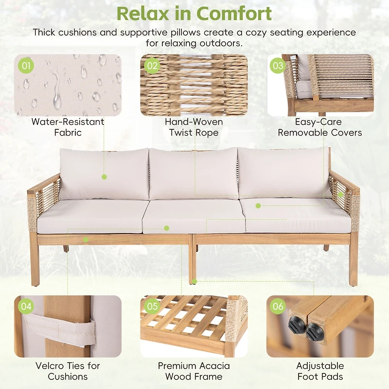 Streamdale Furniture Acacia Wood 3-Seater Sofa Set with 2 Coffee Tables - Teak Look