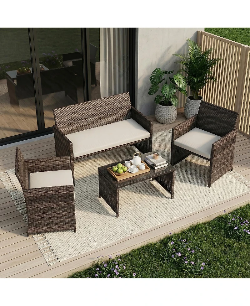 homfan -4-Piece Patio Bar Set - All-Weather Rattan Outdoor Conversation Furniture Cushioned Chairs and Table Perfect for Garden, or Porch