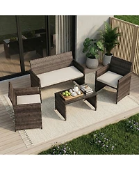 homfan -4-Piece Patio Bar Set - All-Weather Rattan Outdoor Conversation Furniture Cushioned Chairs and Table Perfect for Garden, or Porch