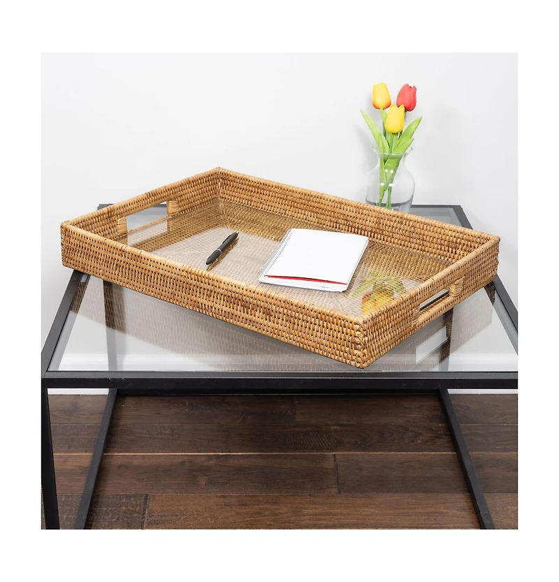 Artifacts Trading Company Rectangular Rattan Tray with Cutout Handles and Glass Insert