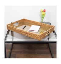 Artifacts Trading Company Rectangular Rattan Tray with Cutout Handles and Glass Insert